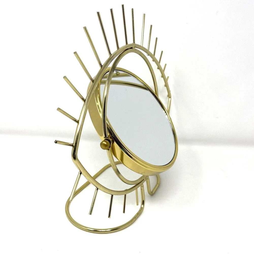 Open Eye-Shaped Gold Metal Double-Sided Vanity Makeup Magnifying Mirror 14x11x4